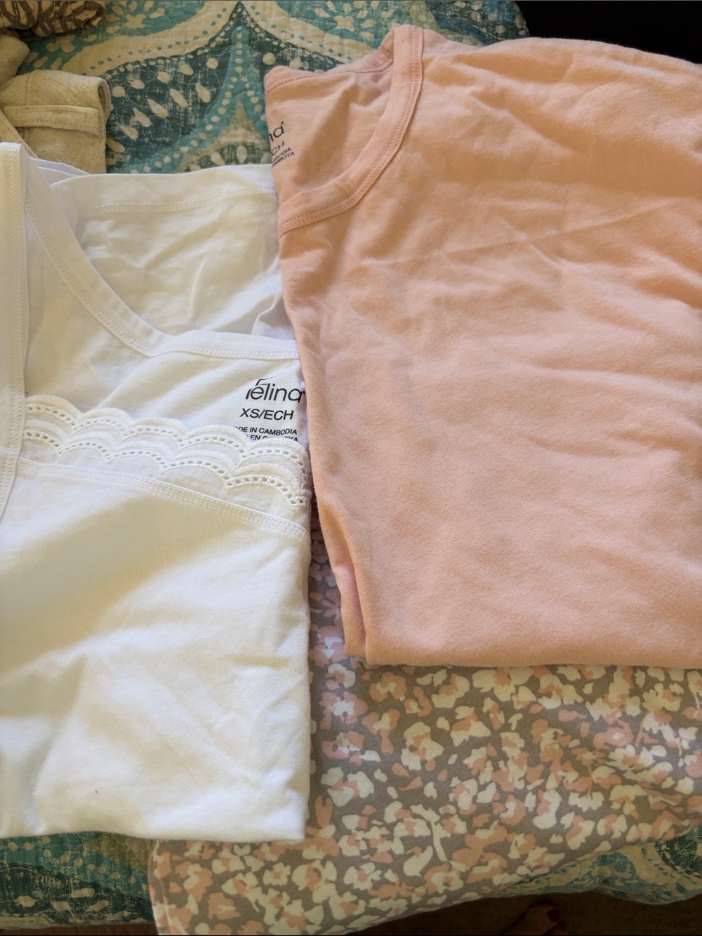 Felina White Lace-Trim Tank & Pale Pink Short Sleeve Top PJs